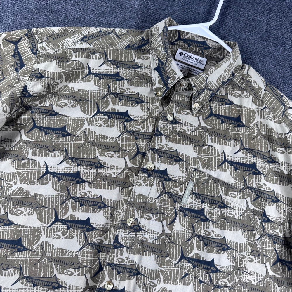 Columbia Button Down Shirt Mens XL Tan Marlin Fish Print Short Sleeve